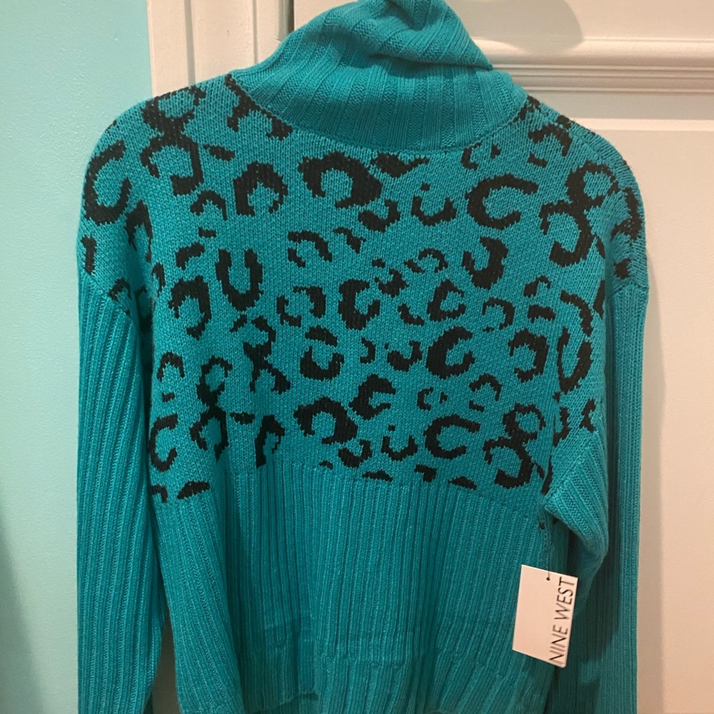 Nine West Blue Turtleneck Leopard Print Sweater